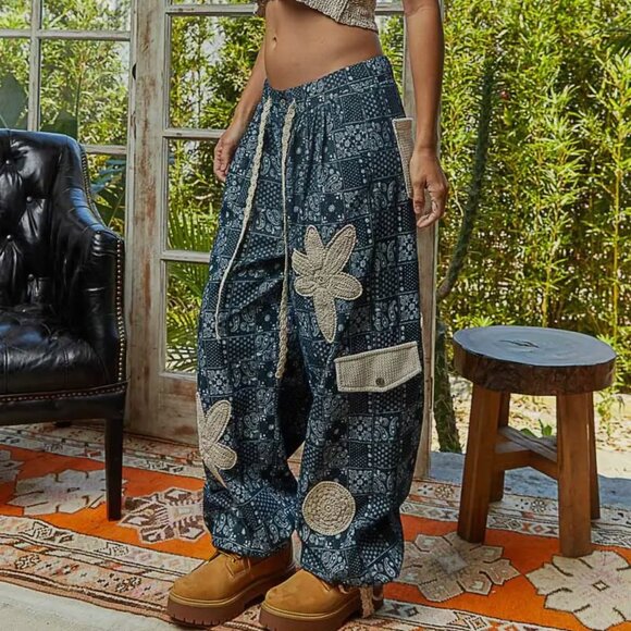 POL Starweave Patchwork Joggers Crochet Star Detail Boho Pants Size Various - Picture 2 of 9